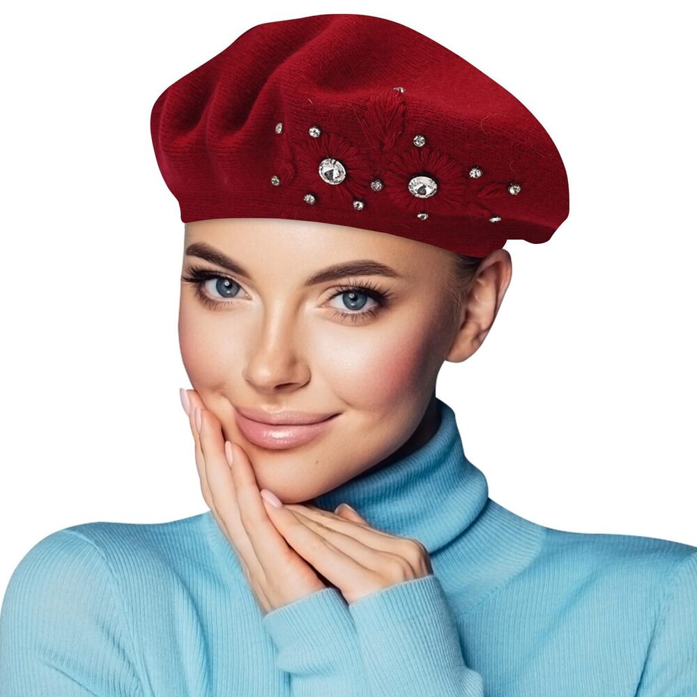 5881 Beret Hats For Women, Rabbit Fur Beret Hat Flowers Rhinestone French